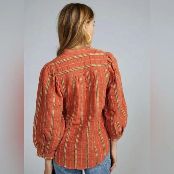 Anthropologie XS Pilcro The Bella Femme Buttondown Shirt Top Embroidered Orange - Picture 11 of 11